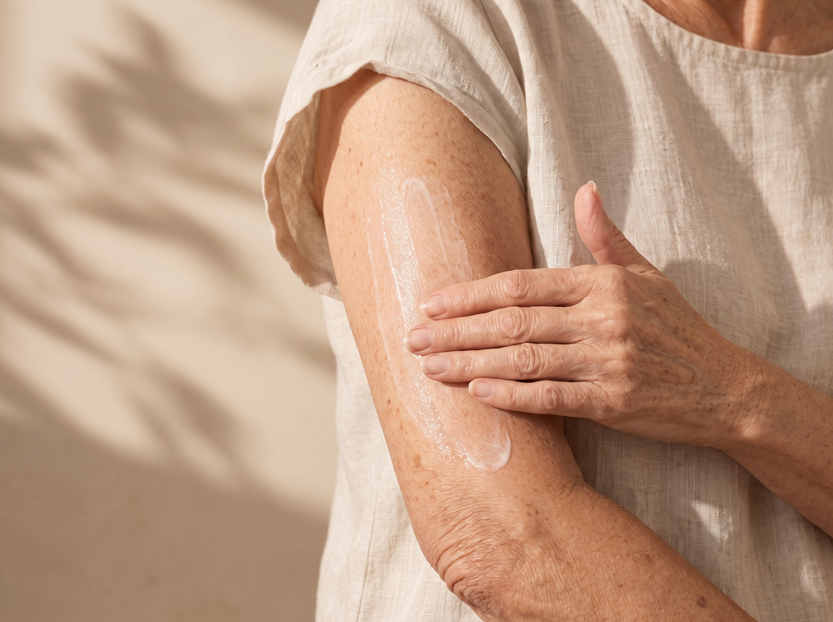 Main d’une femme de 60 ans lissant une crème blanche sur son bras, de haut en bas, devant un mur beige aux ombres de feuillage