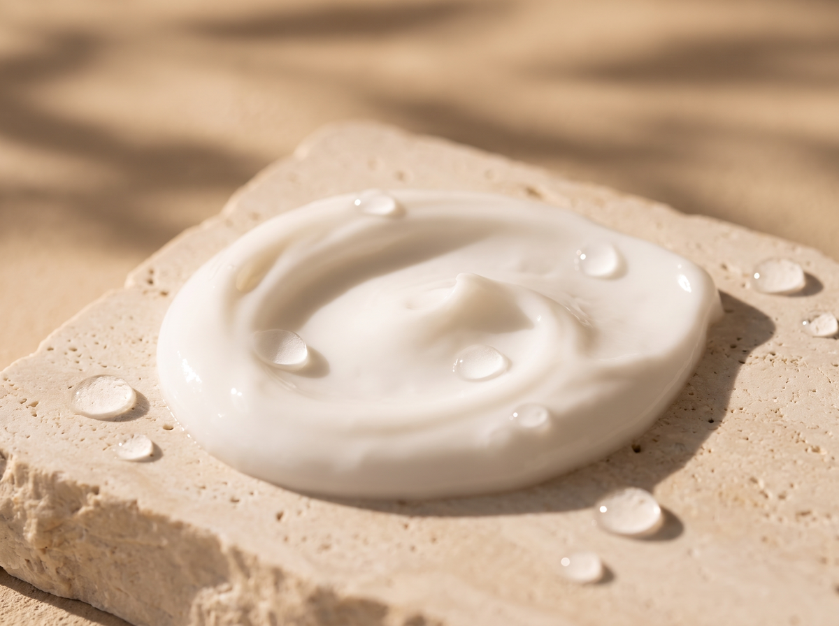 Noisette de crème raffermissante Body Sunday sur une dalle de travertin, avec des gouttes d’eau, lumière dorée