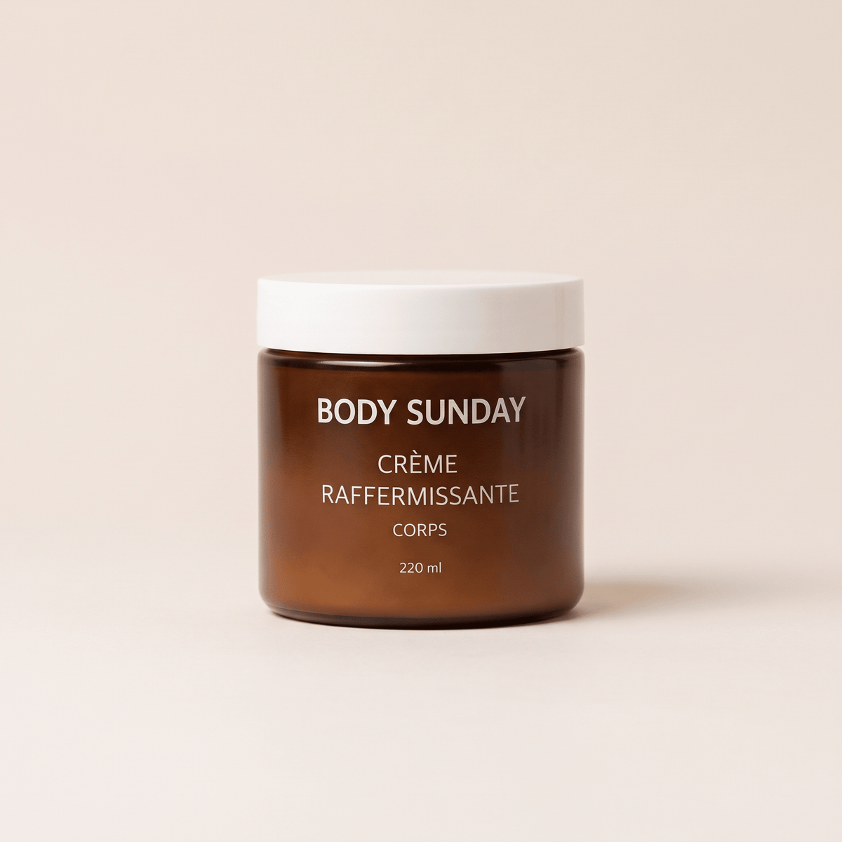 Pot de crème raffermissante corps Body Sunday, 220 ml, verre ambré et couvercle blanc