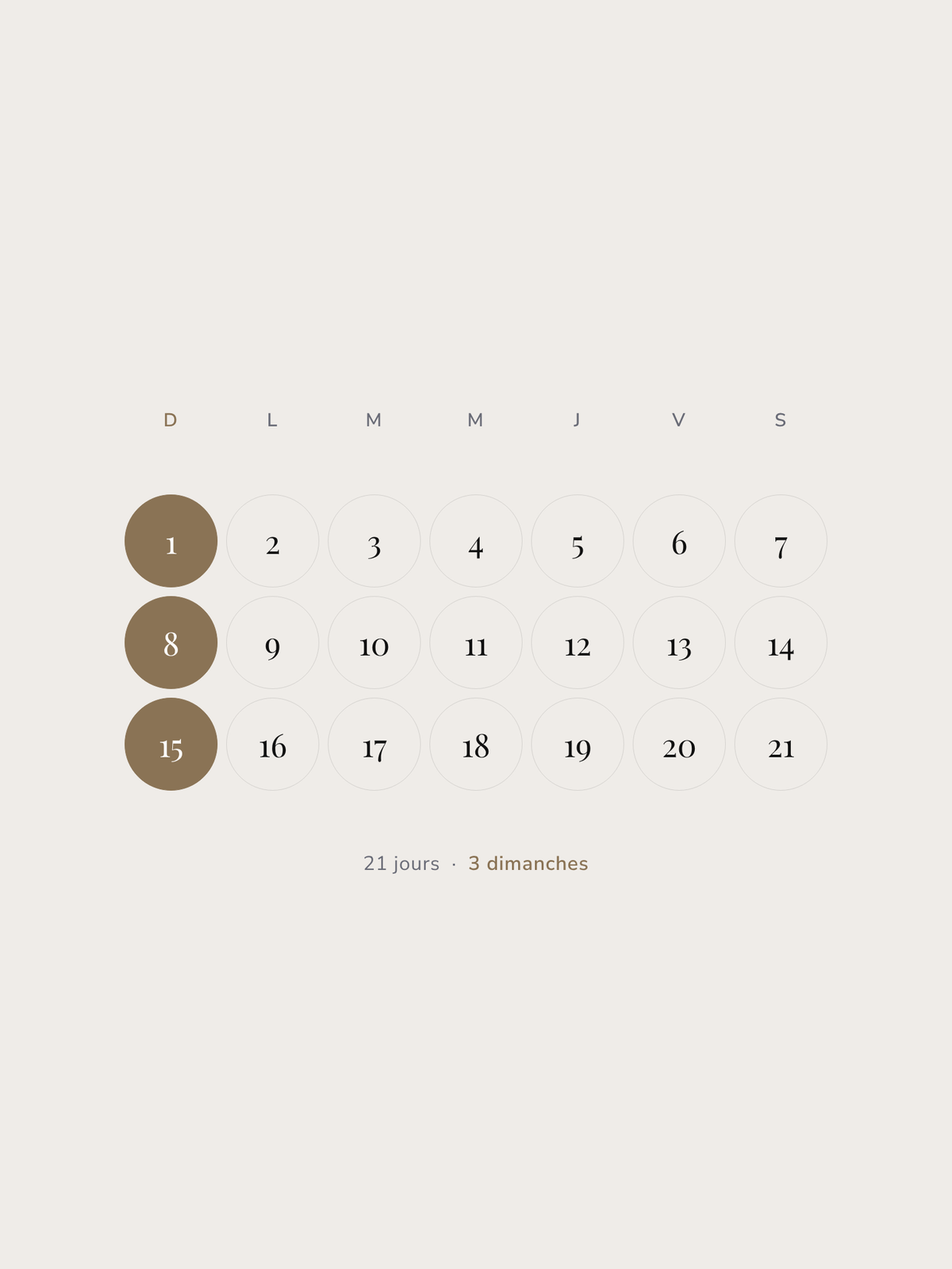 Calendrier de la cure Body Sunday : 21 jours, avec les trois dimanches marqués